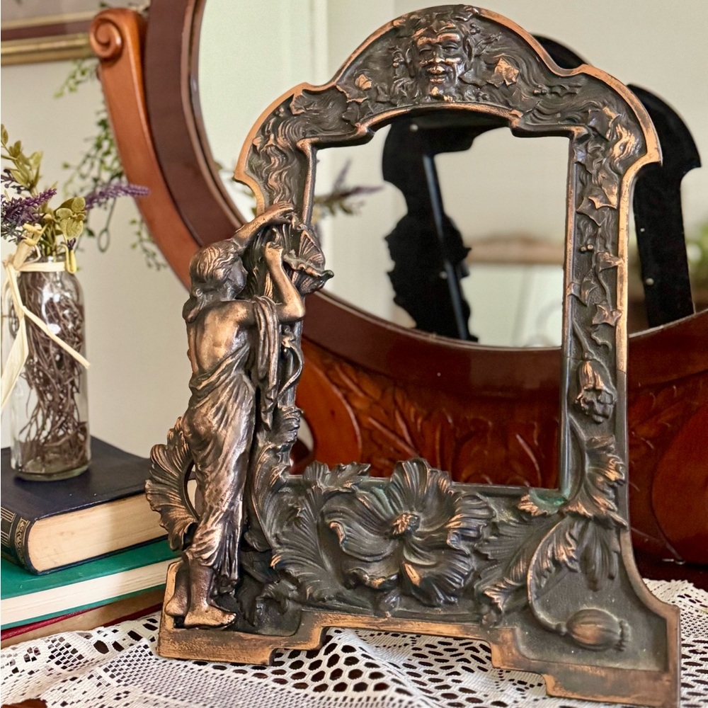 Antique Art Nouveau Cast Metal Mirror Frame – Green Man & Muse (c.1895–1910)